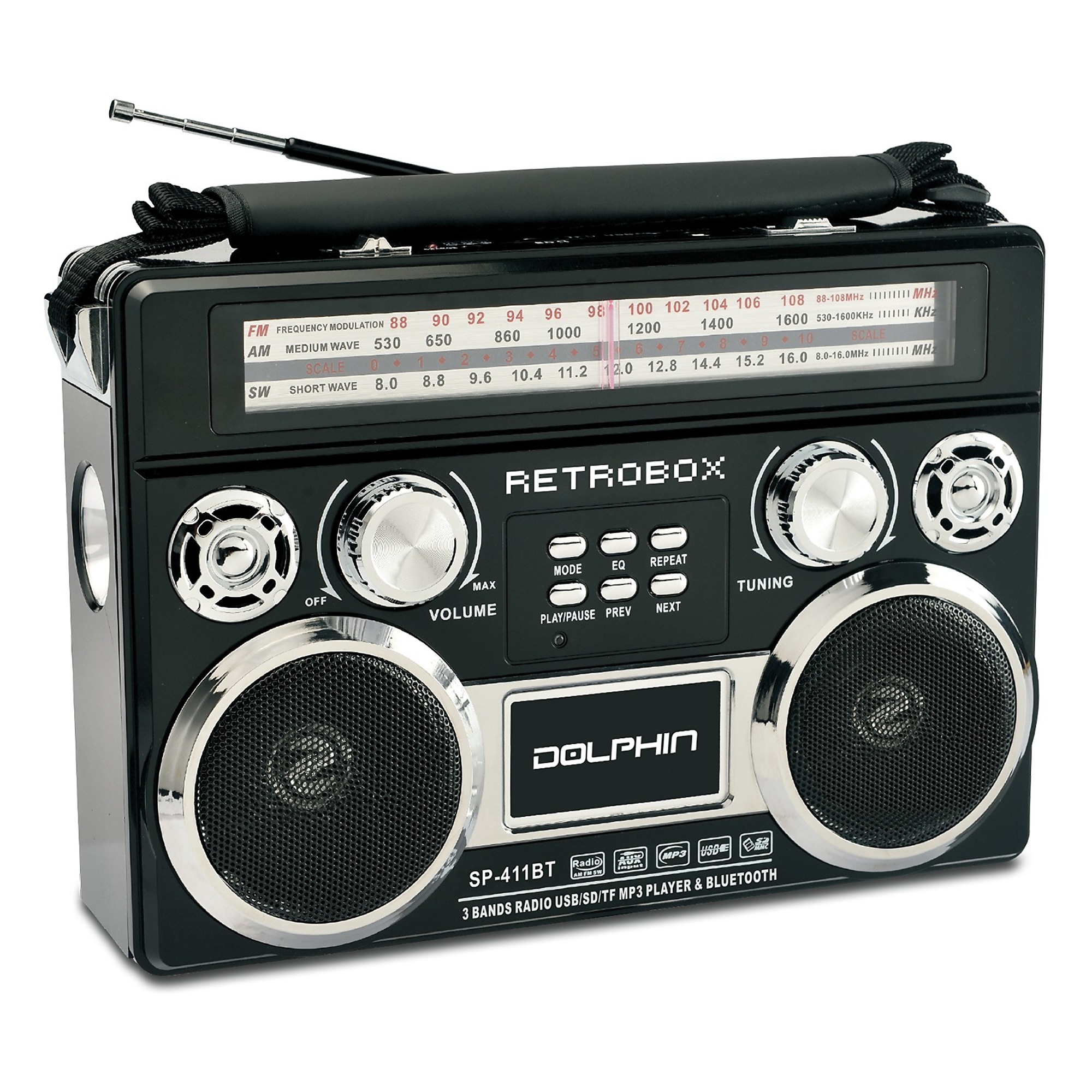 Dolphin Audio Retrobox Portable Mini Bluetooth Speaker — AM/FM/Shortwave, MP3 Playback, Rechargeable Battery, Black, Model# SP-411BT-BLK